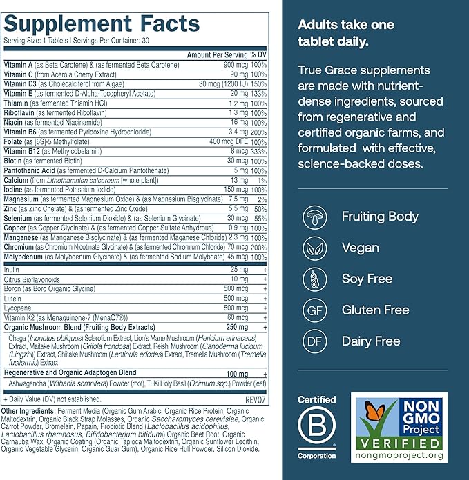 True Grace Men's 40+ One Daily Multivitamin Fermented Minerals Organic Adaptogens &amp Mushrooms Whole Body Balance Immune Endurance Bone &amp Heart Support Supplement - Non-GMO - 30 Vegan Tablet