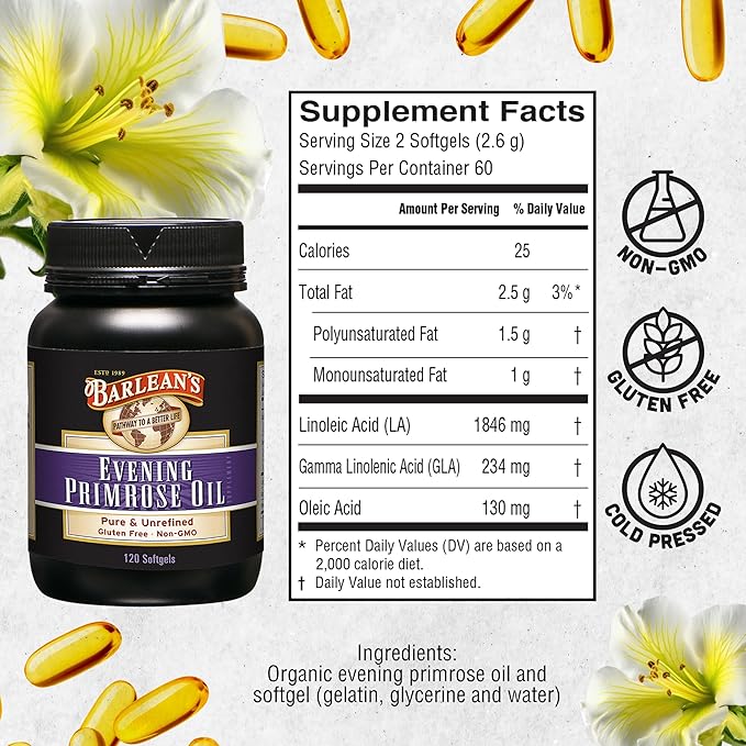 Barlean's Evening Primrose Oil Capsules GLA Supplement for Men and Women Healthy Skin Immune Support and Bone Strength 1300mg Softgels 120 Count