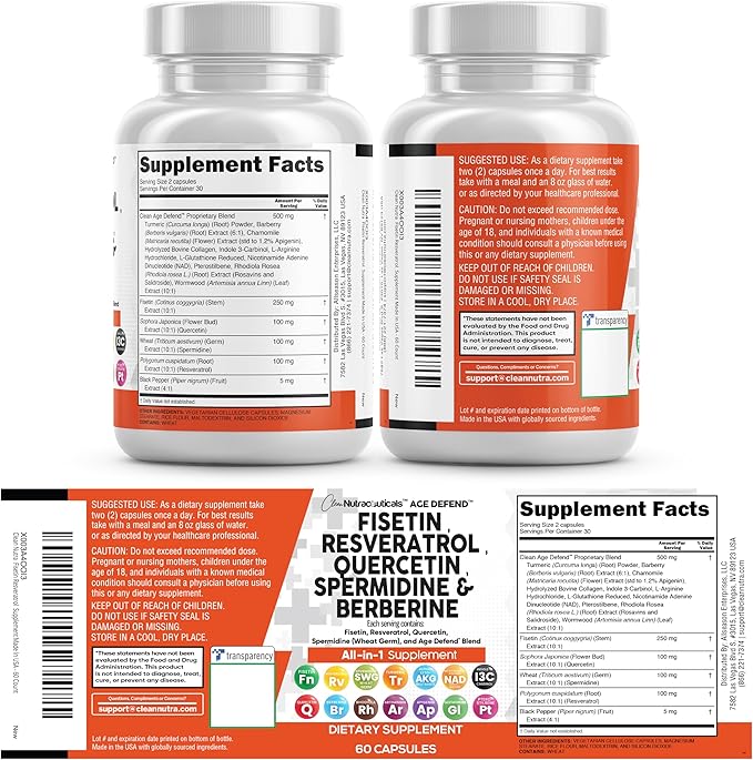 Clean Nutra Fisetin Quercetin Resveratrol Spermidine - Longevity Supplement with NAD Berberine Apigenin | Anti Aging Cellular Health Support Capsules 90 Count