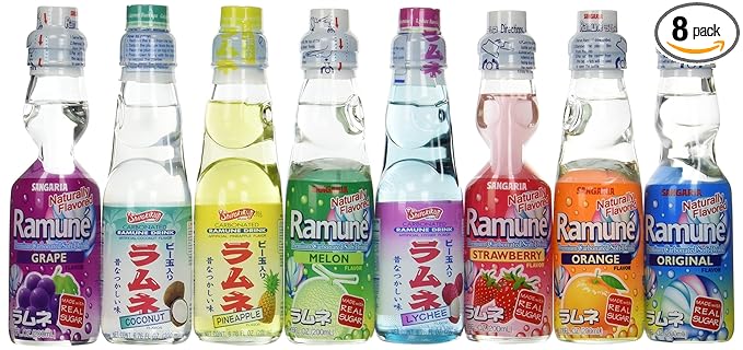 Ramune Japanese Marble Soft Drink Mix Variety 8 Flavors 8 Bottles by Hata Shanderia