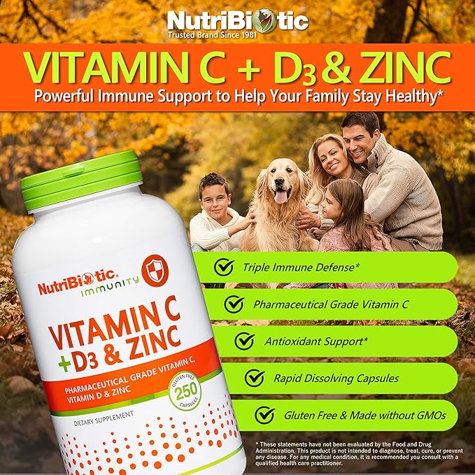 NutriBiotic – Vitamin C + Vitamin D3 &amp Zinc 250 Capsules | Potent Comprehensive Immune Support | Essential &amp Antioxidant Daily Supplement | Gluten &amp GMO Free
