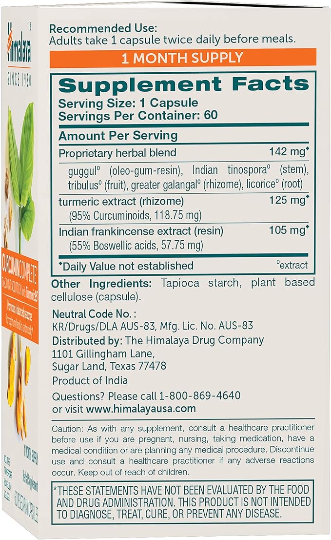 Himalaya Curcumin Complete - Herbal Joint Support Supplement with Turmeric Curcumin for Joint Health and Mobility Support 95% Curcuminoids - Vegan Non-GMO Gluten Free 60 Capsules