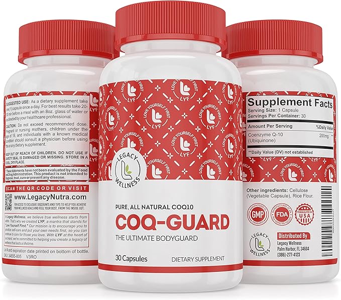 Legacy Wellness CoQ-GUARD CoQ10 200mg - Natural High Potency CoQ10 Supplement for Energy Heart Antioxidant &amp Cellular Support - High Potency Co Q 10 Ubiquinone for Overall Wellness - Non-GMO 30