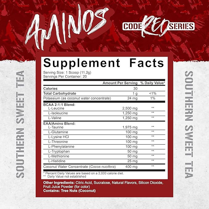 5% Nutrition Code Red Aminos BCAA &amp EAA Post Workout Recovery Powder | Full Spectrum Essential Amino Acid Complex for Men &amp Women (Southern Sweet Tea)
