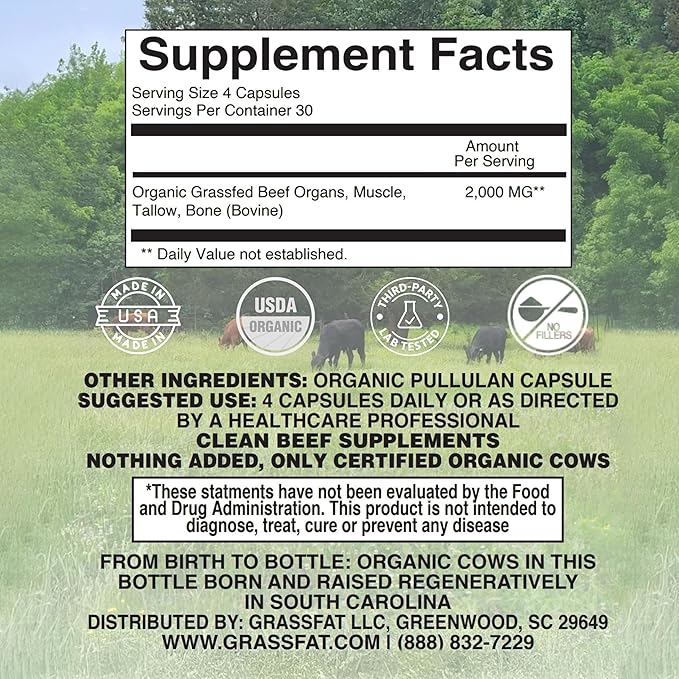 Grassfat Farm - USDA Certified Organic 100% Grassfed Beef Organ Supplements - Whole Cow with Nothing Added - Beef Liver Kidney Lungs Heart Bone &amp Muscle - NO Uterus or Fallopian - 30-Day Suppl