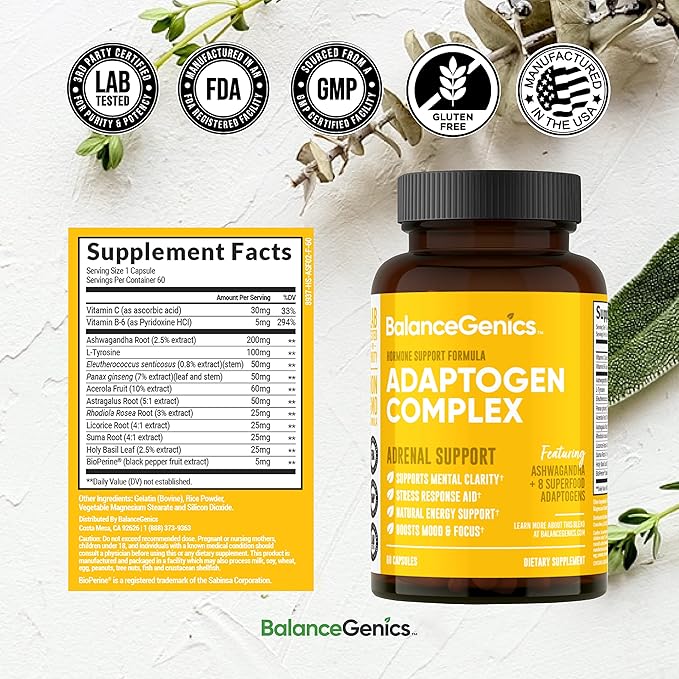 Adrenal Support Supplement with Ashwagandha Holy Basil Rhodiola Rosea | Supports Healthy Cortisol Levels and Stress Relief Reduce Fatigue | 60 Capsules