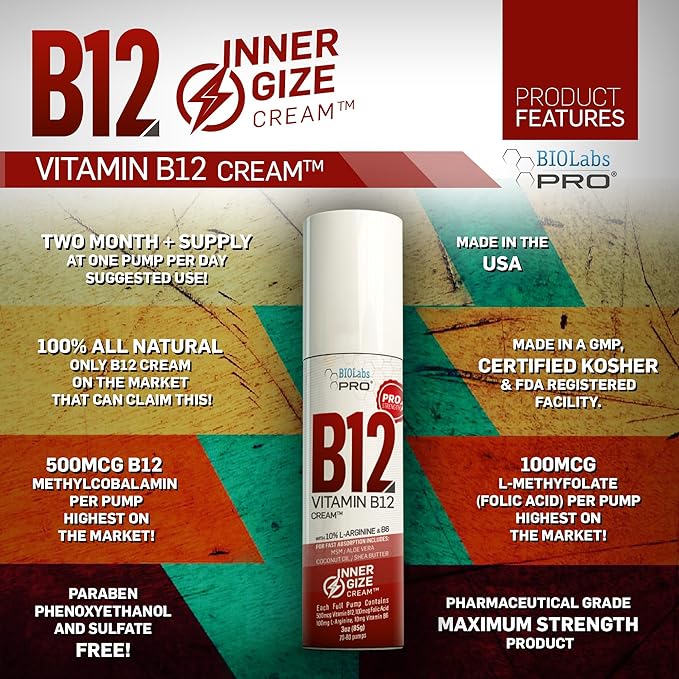 BIOLABS PRO INNERGIZE B12 Cream - All Natural Topical B12 w/B6 &amp 10% L-Arginine - Advanced Neurological &amp PreWorkout Support - Professional Grade Methyl B12 - B6