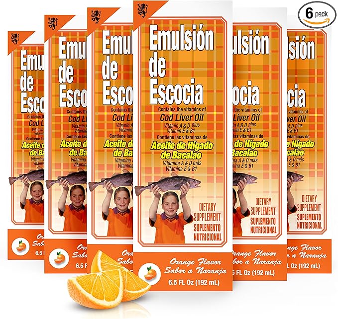 Emulsion de Escocia Orange Flavor 6-Pack – Omega-3 Cod Liver Oil Liquid Supplement for Kids – Vitamins A D E &amp B1 – Immune System &amp Growth Support – 6.5 Fl Oz Pack of 6– Fish Oil for Childre