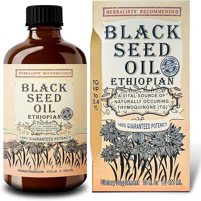 Ethiopian Black Seed Oil 16oz – Cold Pressed Nigella Sativa | High Thymoquinone 3.45% Black Cumin Seed Oil | 100% Pure Unrefined Liquid | Immune Skin Hair &amp Digestive Support | Large Glass Bottl
