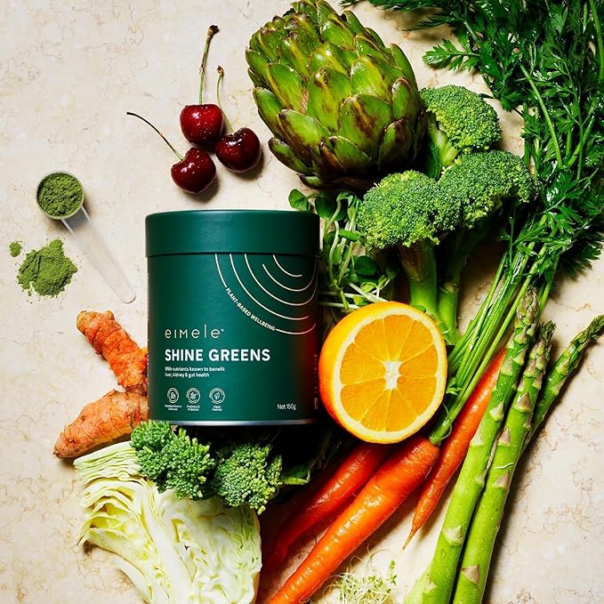 eimele | Shine Greens | Plant-Based Superfood Greens Powder for Gut Health | Supports Energy Digestion &amp Immunity | Packed with Antioxidants Essential Nutrients &amp Probiotics | 42 Servings (5
