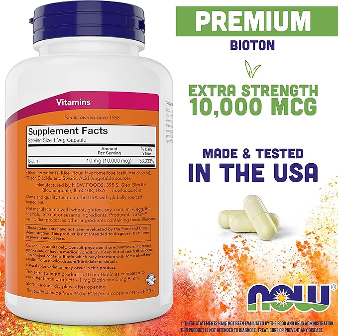 NOW Foods Extra Strength Biotin 10000mcg / 10 mg - 200 Count - Hair Skin Nail - Supplement for Men and Women - B7 Vitamin - Vegetarian Vegan Non-GMO