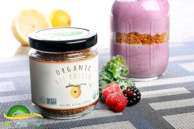 Greenbow Organic Bee Pollen - 100% USDA Certified Organic Non-GMO Pure &amp Natural Bee Pollen - Superfood Packed with Proteins Vitamins &amp Minerals - Kosher Certified Gluten Free -155g x 2 J