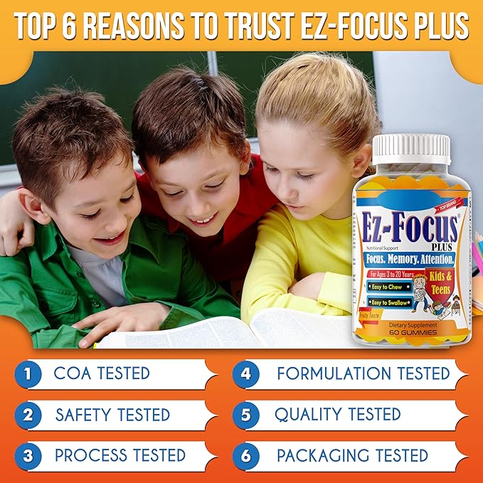 Plus Brain Booster Omega 3 Kids Focus and Attention Supplements for Cognitive Health Support Memory Mental Clarity Concentration for Children and Teens - Fruity Flavor Vitamins 60 Count