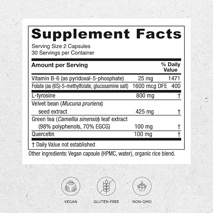 Vitanica Dopamine Assist Dr Formulated Dopamine Supplement L-Tyrosine Mucuna Pruriens Neurotransmitter Mood Support Vitamin B6 Folate Green Tea Extract Quercetin Vegan 60 Capsules