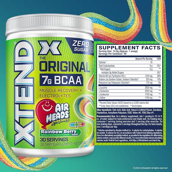 Xtend Original BCAA Powder 7g BCAAs and 2.5g L-Glutamine for Muscle Recovery Hydration and Lean Muscle Sugar Free Intra and Post Workout Drink Airheads Xtreme Rainbow Berry 30 Servings
