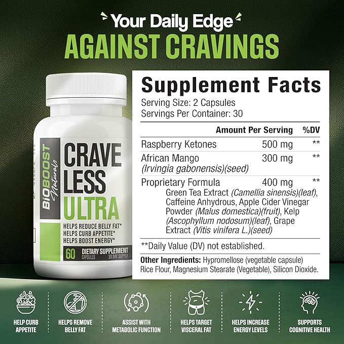 Crave Less Ultra - Supports GLP-1 Pathway Function - Weight Loss Pills/Appetite Suppressnt + Fat Burner for Women &amp Men | Increase Energy - 3rd Party Tested Formula - 60 Capsules for Adults