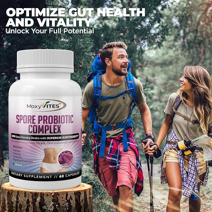 MoxyVites Spore Probiotic Complex - All In One Prebiotics and Probiotics for Digestive Health Postbiotic Digestive Enzymes Daily Supplement - Spore Based Probiotic for Women &amp Men