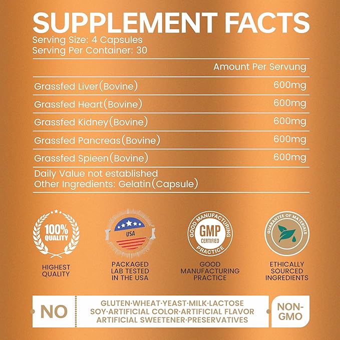 Grass Fed Beef Organ Supplement for Women &amp Men -120 Capsules - 100% Organ Complex with 3000mg of Desiccated Beef Liver Heart Kidney Pancreas Spleen - Non-GMO &amp Pasture-Raised Organ Comple