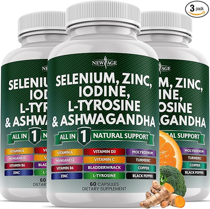 Selenium Zinc Iodine L Tyrosine Ashwagandha - Thyroid Support Supplement for Women and Men with Bladderwrack Turmeric Silica Kelp Schisandra - 60 Count (Pack of 3)