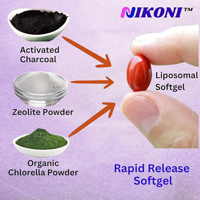Nikoni Liposomal Zeolite Activated Charcoal &amp Organic Chlorella Supports Full Body Detox - 120 Vegan Softgels