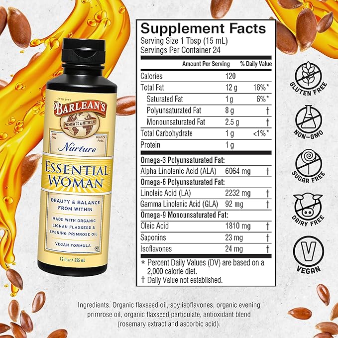 Barlean's Essential Woman Liquid Supplement for Women Organic Flaxseed and Evening Primrose Oil for Healthy Hair Nails and Skin Omega 3 6 9 and GLA 12 oz