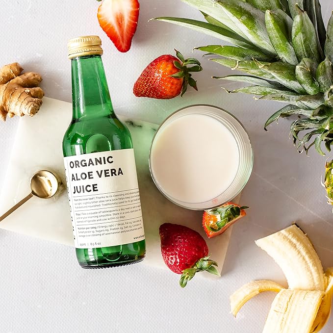 100% Organic Aloe Vera Juice 8.5 fl oz - Supports Immunity &amp Gut Health - Straight from Farm in Spain - Undiluted - No Added Sugar or Artificial Preservatives - Non-GMO - Recyclable Glass Bottle
