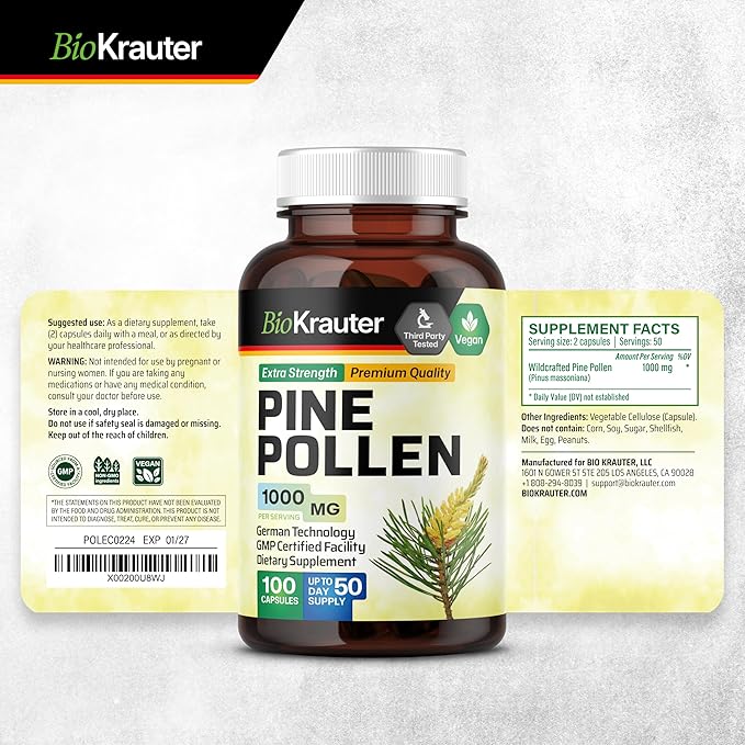 BIO KRAUTER® Pine Pollen for Men's Support - Pure &amp Vegan Pine Pollen Extract 1000 mg per Serving - Immune Support Supplement &amp Antioxidants - 100 Capsules 50-Day Supply Non-GMO Herbal Suppl