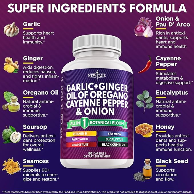 NEW AGE Garlic + Ginger Supplement - Oil of Oregano Cayenne Pepper Soursop Black Cumin Sea Moss Black Pepper - Black Seed Cleanse - 120 Count