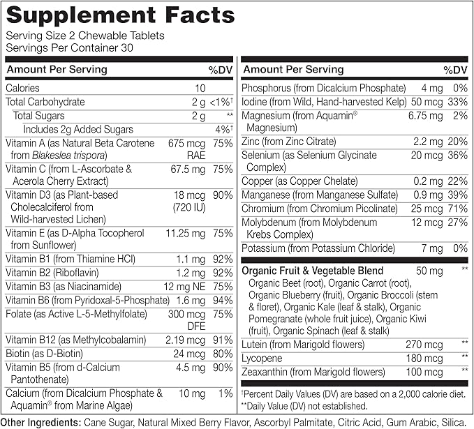 NATURELO Chewable Vitamin for Kids Multivitamin with Whole Food Organic Fruit Blend - 60 Tablets for Children