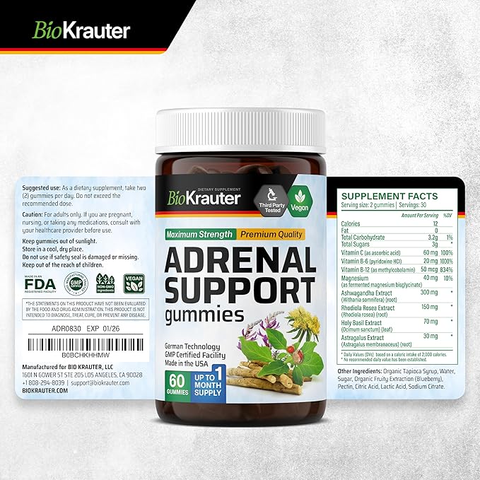 BIO KRAUTER® 8-in-1 Adrenal Support Supplements with Vitamin С B6 B12 - Natural Adrenal Complex with Magnesium Ashwagandha Rhodiola Rosea for Relax &amp Mood Support - 60 Gummies Non-GMO