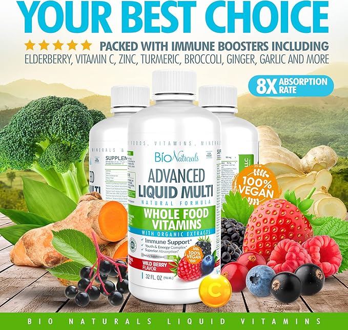 Bio Naturals Liquid Whole Food Multivitamin for Men &amp Women with Over 100 Ingredients - Superfoods Omegas Organic Extracts - 100% Vegan - 32 oz