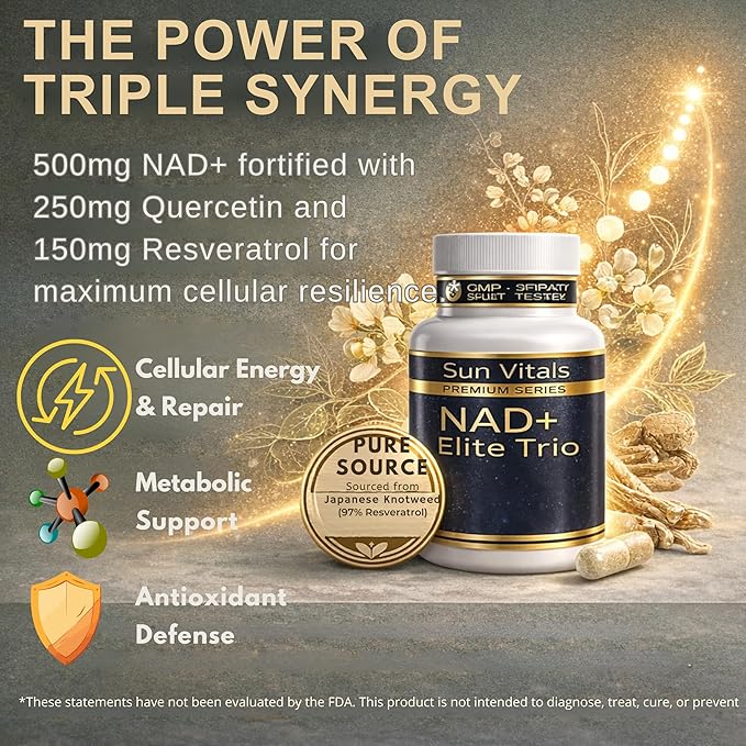 Natural NAD+ Supplement 500 mg with Resveratrol &amp Quercetin | Cellular Energy &amp Healthy Aging Support for Women | Non-Stimulant | GMP-Certified | 3rd Party Tested | 60 Vegan Capsules | Made in