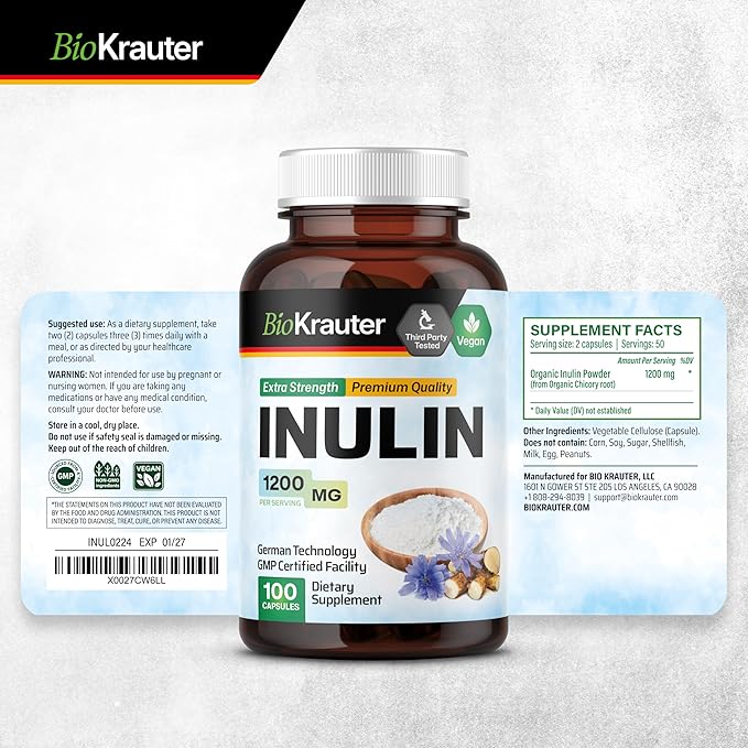BIO KRAUTER Chicory Root 250 Capsules &amp Inulin 100 Capsules.