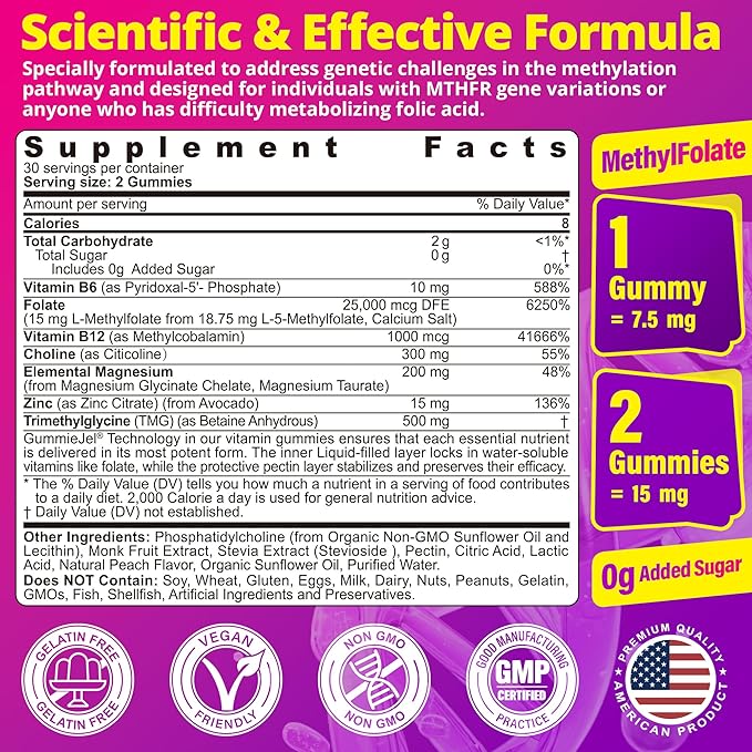L-MethylFolate 15mg 7.5mg &amp B12 1000 mcg Gummies Methylated B Complex + TMG Magnesium Choline - Active 5-MTHF(B9) + Methyl B12 B6 Multivitamin - Methylation Cognition Mood Sugar Free 2 Pa