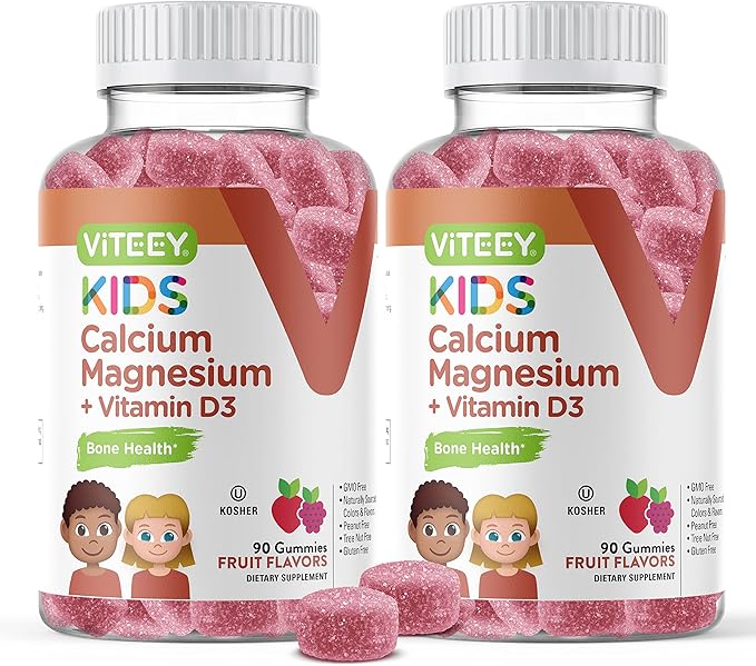 Viteey Kids Calcium Gummies + Vitamin D3 &amp Magnesium Citrate for Kids and Teens - Supports Bone Health Immune Support Energy &amp Muscle Function - Gluten FreeGMO Free - Tasty Chewable Fruit F