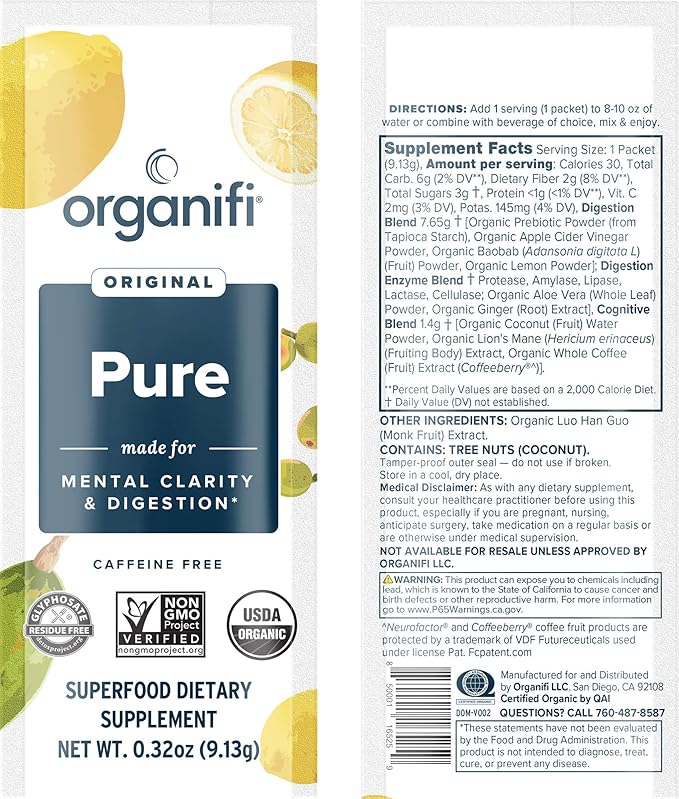 Organifi: Pure Smart Packs - Organic Brain and Immunity Support - Revitalizes Daily Mental Focus - Lemon Flavor 3 Pack