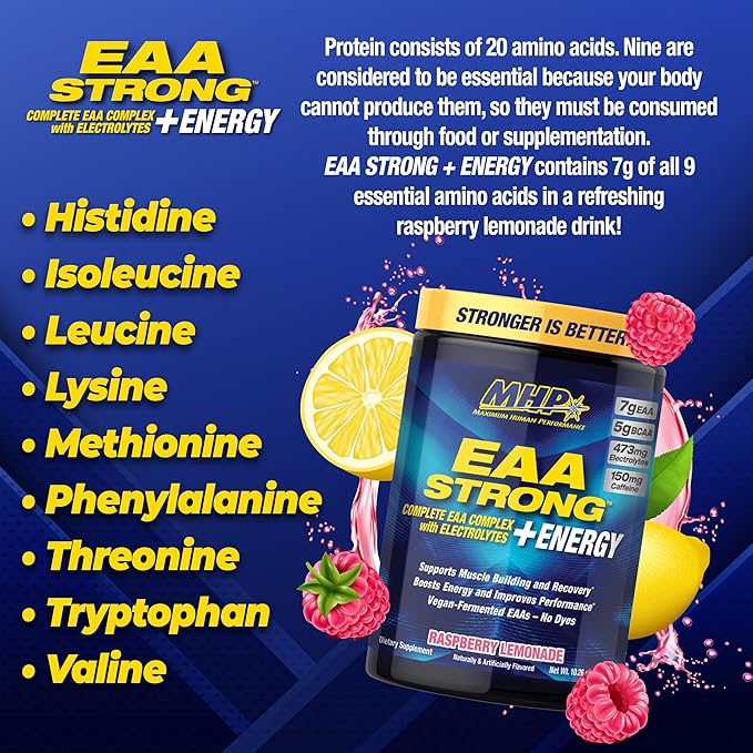 Maximum Human Performance EAA Strong + Energy EAA Supplement All 9 EAAs BCAAs Electrolytes Coconut Water Pre-Workout Enhances Muscle Building Performance Caffeine Raspberry Lemonade 30 Serve
