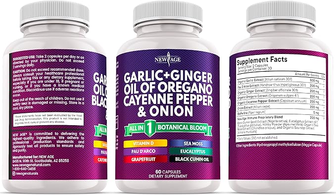 NEW AGE Garlic + Ginger Supplement - Oil of Oregano Cayenne Pepper Soursop Black Cumin Sea Moss Black Pepper - Black Seed Cleanse - 120 Count
