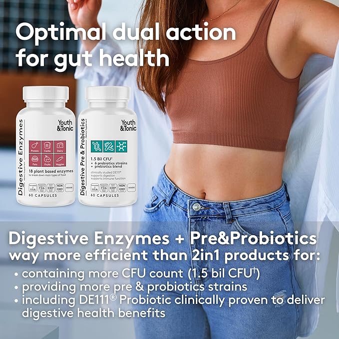 Youth &amp Tonic Bloating Relief with Pre and Probiotics for Water Retention Occasional Constipation or Food Digestion with Water Pills and Digestive Enzymes Bundle Pack
