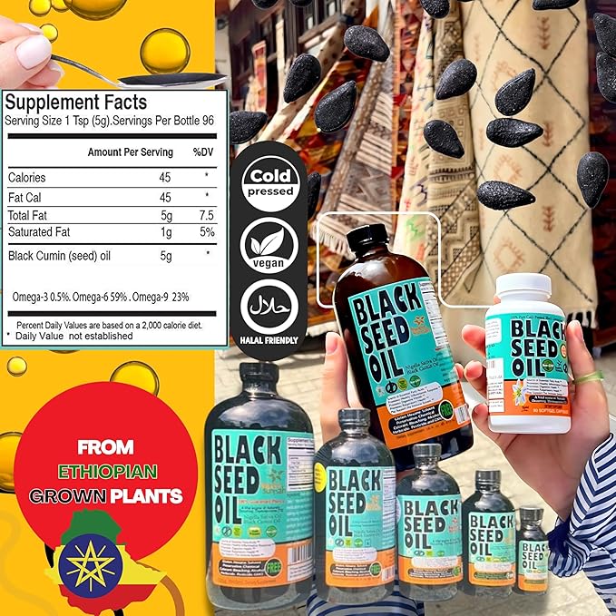 Ethiopian Black Seed Oil - 3.43% Thymoquinone Cold-Pressed Black Cumin Seed from Pure Nigella Sativa - First Pressing Blackseed Non-GMO Improved - 16 Oz Glass Bottle Sweet Sunnah