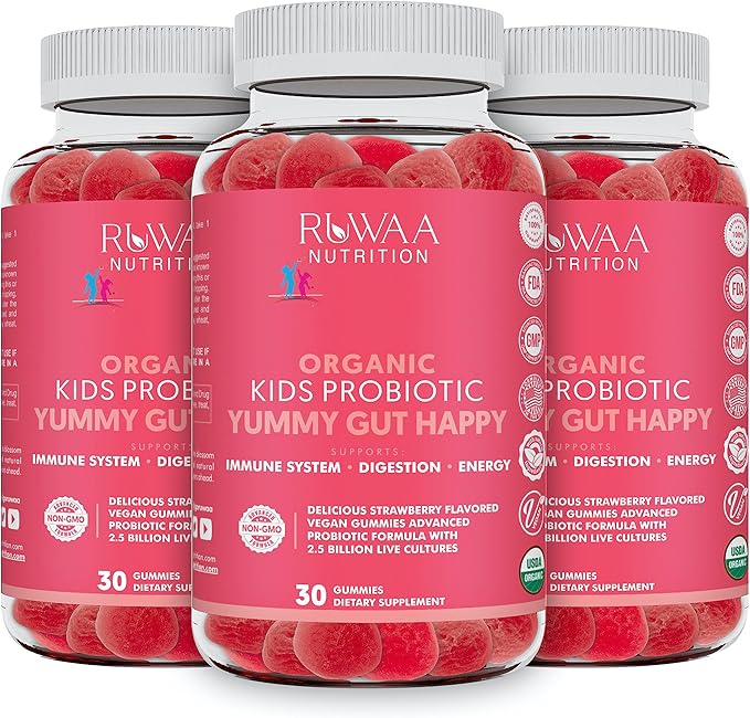Kid Probiotic Gummies For Digestive Health Chewable Daily Probiotic For Kids Ages 4+. Oral Care Abdominal Discomfort Gut Health. Strawberry Flavor USDA Organic Probiotics for Children 90ct (3)