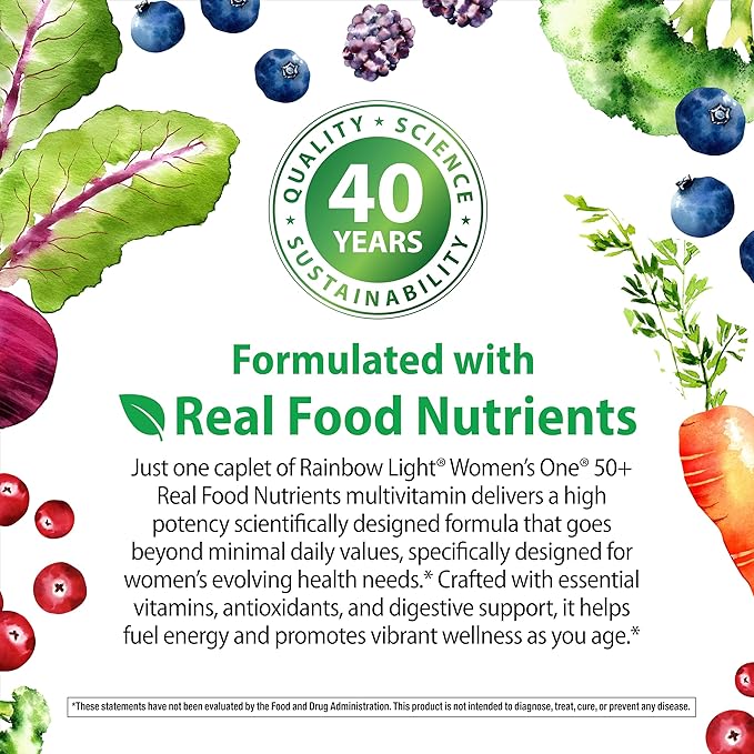 Rainbow Light Womens One + Multivitamin 50 Plus | 90 Caplets | Supports Menopause | Real Food Nutrients Digestive Enzymes &amp Probiotics