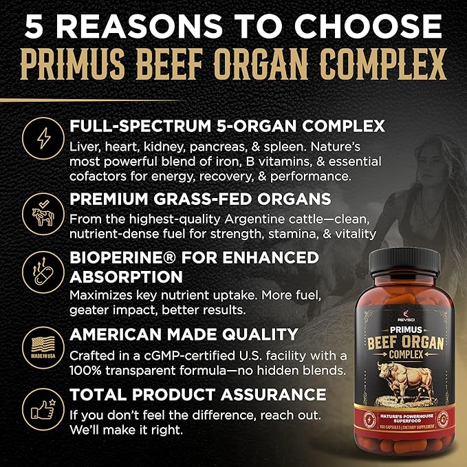 Beef Organ Supplement for Men &amp Women - PRIMUS Grass Fed Beef Liver Capsules with Heart Primal Ancestral Blend 5 Organ Meat Supplements Viking Energy Complex BioPerine for Absorption 180 Pills