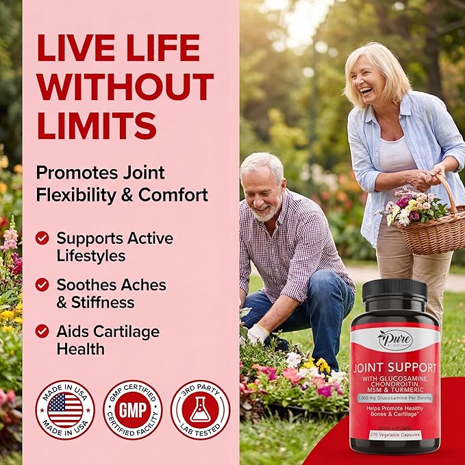 Pure By Nature Joint Support Glucosamine with Chondroitin Turmeric MSM Boswellia Supplement 270 Capsules