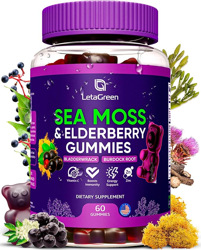 Irish Sea Moss Gummies – Bladderwrack Burdock Root Elderberry Vitamin C &amp Zinc – 60 Vegan Seamoss Gummy Bears for Adults Kids Men Women – Multimineral Elderberry Vitamins
