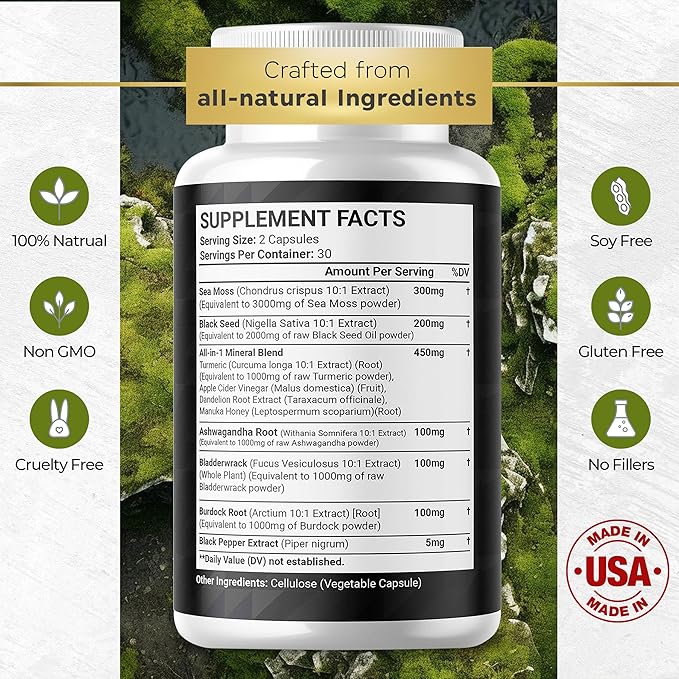 Sea Moss Black Seed Oil Ashwagandha Turmeric Bladderwrack Burdock - with Manuka Honey Dandelion ACV Black Pepper Gluten Free- 120 Count