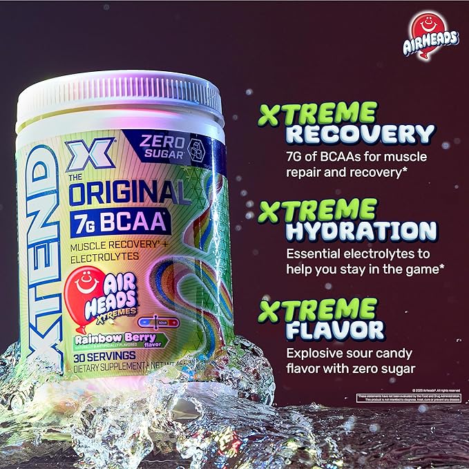 Xtend Original BCAA Powder 7g BCAAs and 2.5g L-Glutamine for Muscle Recovery Hydration and Lean Muscle Sugar Free Intra and Post Workout Drink Airheads Xtreme Rainbow Berry 30 Servings