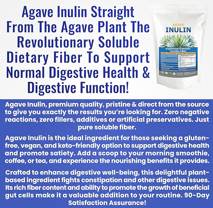 Organic Inulin Powder (48oz/3 lbs) Gentle Agave Prebiotic Soluble Fiber Supplement for Digestive Support Gut Health Vegan Baking Smoothies &amp Drinks