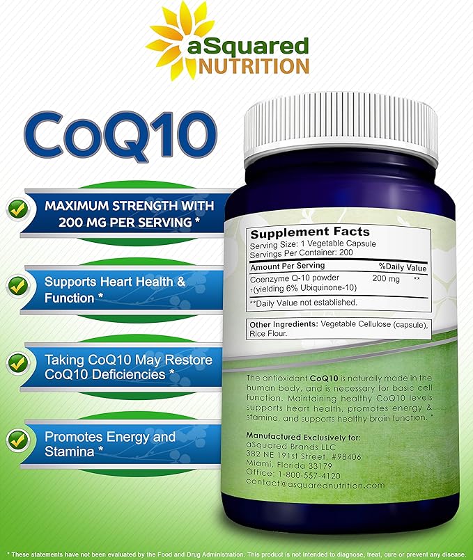 aSquared Nutrition CoQ10 (200 Capsules and 200mg) - High Absorption Vegan CO Q-10 Powder - Enzyme Ubiquinone Supplement Pills Extra Antioxidant Coenzyme Q10 Vitamin Coq 10 Alernative to Softgels