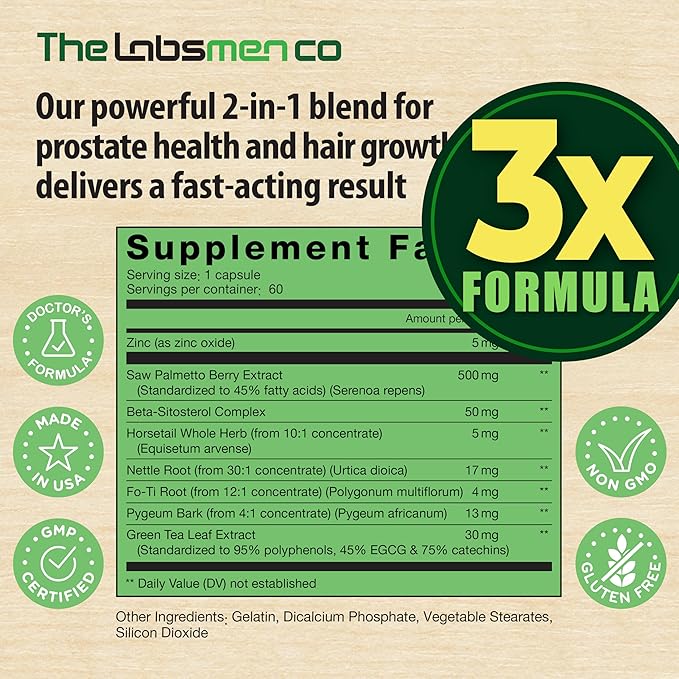 3X Formula Natural Prostate Health Supplements for Men - Saw Palmetto Reduce Nighttime Bathroom Trips + Hair Growth/Hair Loss Prevention 2-Mons (60 Count (Pack of 1))